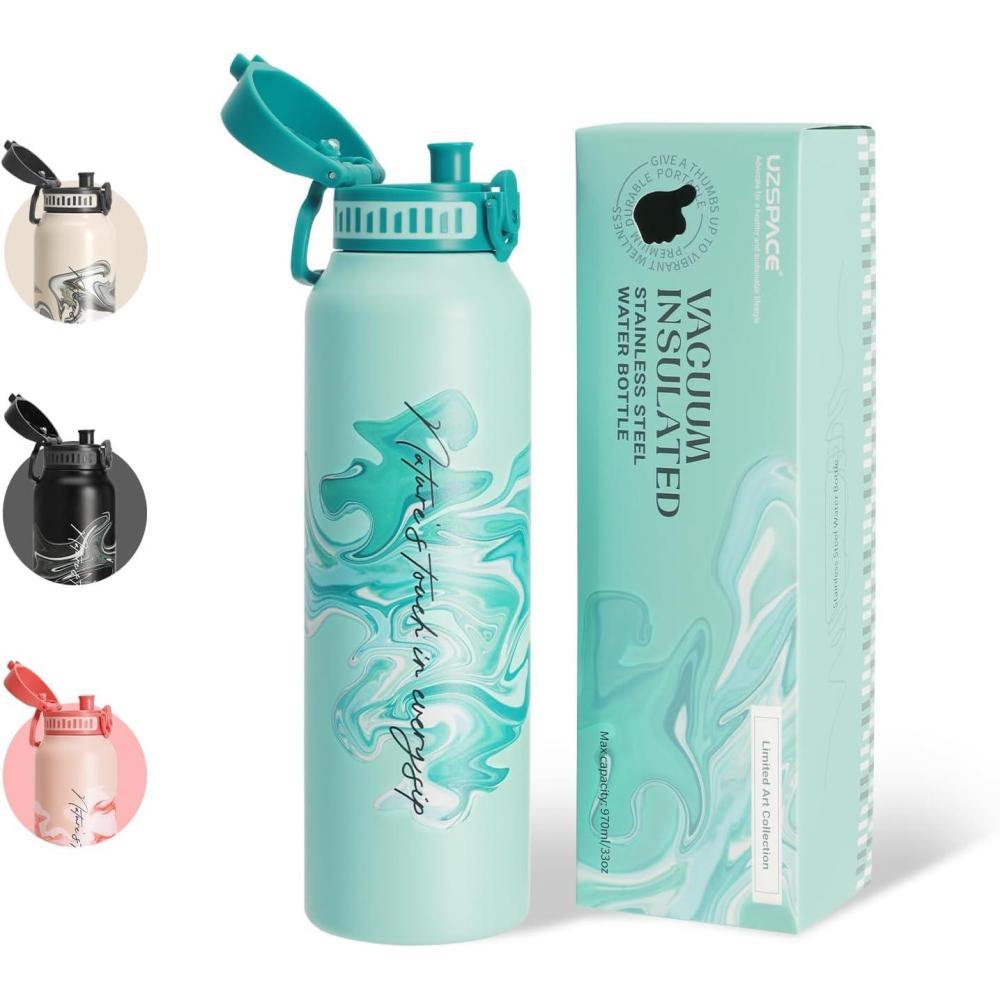 image:imageUZSPACE Gourde Isotherme 1L 970ml en Acier Inoxydable Bouteille Isotherme Double Paroi Motif Artistique Gourde Sport Adulte Idale pour Plein Air Gris SilexImprim Artistique Turquoise