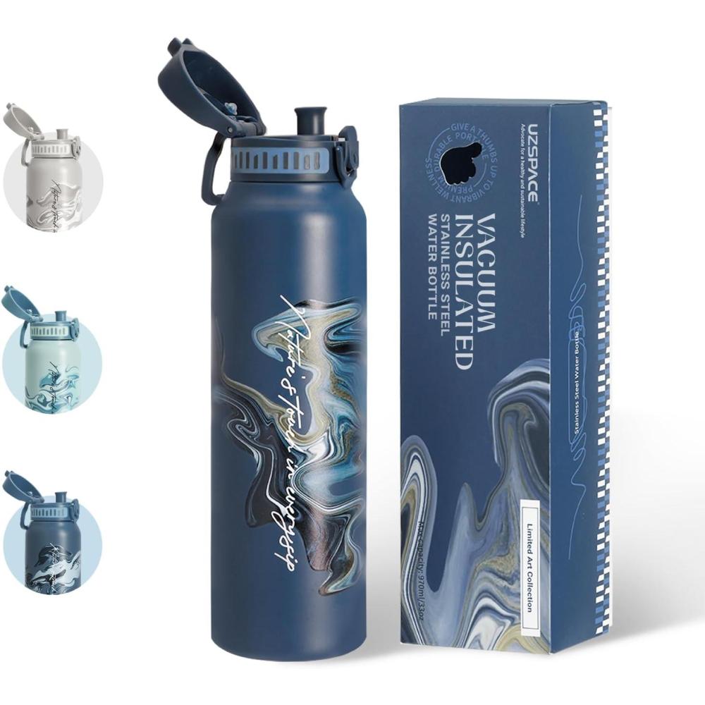 image:imageUZSPACE Gourde Isotherme 1L 970ml en Acier Inoxydable Bouteille Isotherme Double Paroi Motif Artistique Gourde Sport Adulte Idale pour Plein Air Gris SilexImprim Artistique Bleue