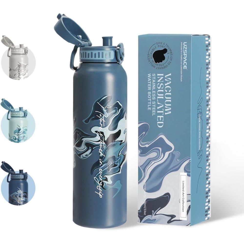 image:imageUZSPACE Gourde Isotherme 1L 970ml en Acier Inoxydable Bouteille Isotherme Double Paroi Motif Artistique Gourde Sport Adulte Idale pour Plein Air Gris SilexImprim Artistique Bleu Ardoise