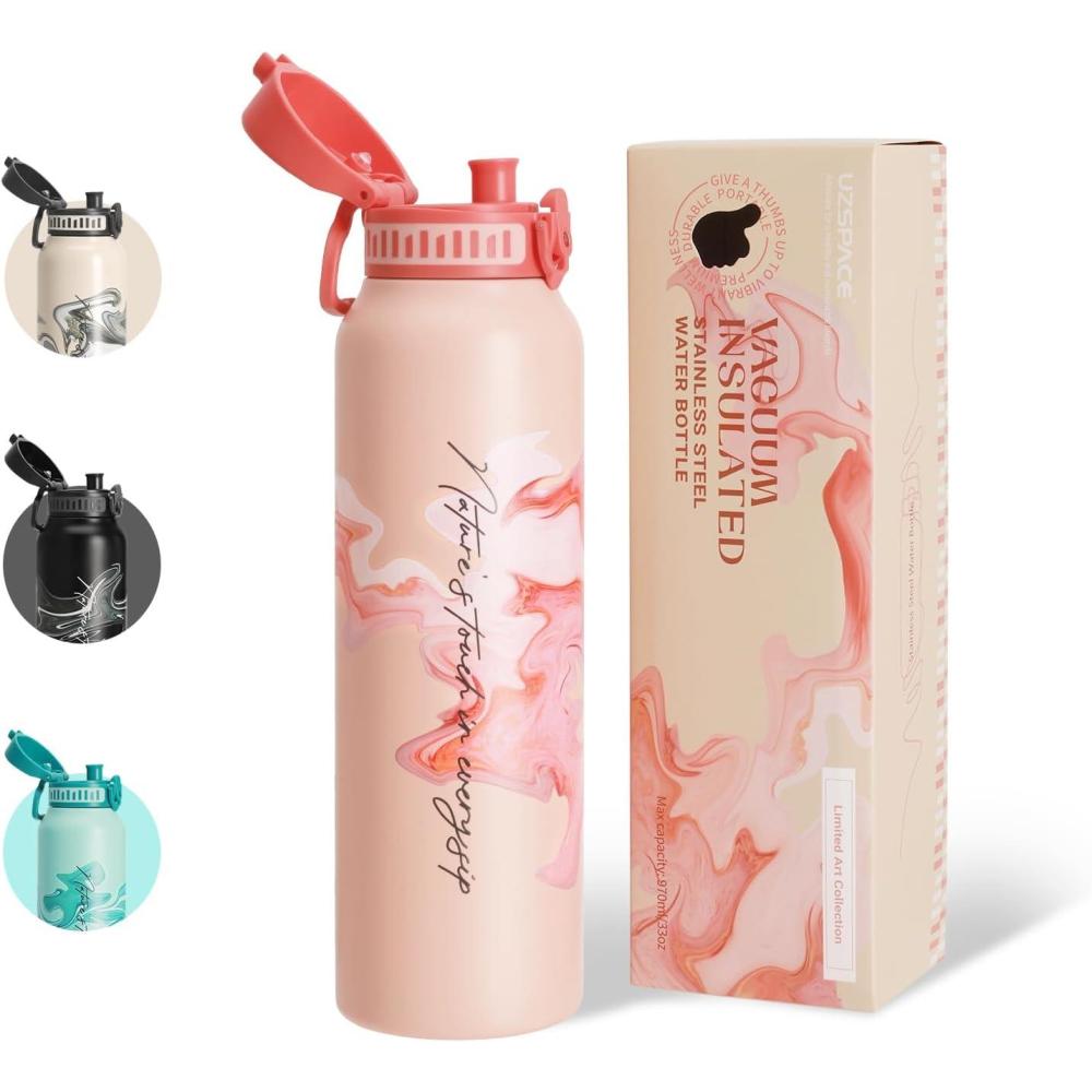 image:imageUZSPACE Gourde Isotherme 1L 970ml en Acier Inoxydable Bouteille Isotherme Double Paroi Motif Artistique Gourde Sport Adulte Idale pour Plein Air Gris SilexImpression Artistique Blush