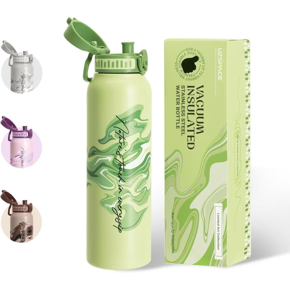 image:imageUZSPACE Gourde Isotherme 1L 970ml en Acier Inoxydable Bouteille Isotherme Double Paroi Motif Artistique Gourde Sport Adulte Idale pour Plein Air Gris SilexImprim Artistique Citron Vert