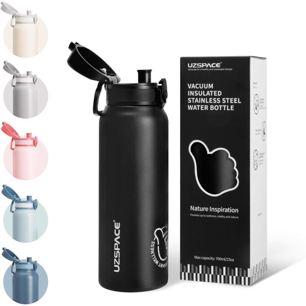 image:imageUZSPACE Gourde Isotherme 1L 970ml en Acier Inoxydable Bouteille Isotherme Double Paroi Motif Artistique Gourde Sport Adulte Idale pour Plein Air Gris SilexNoir Nuit