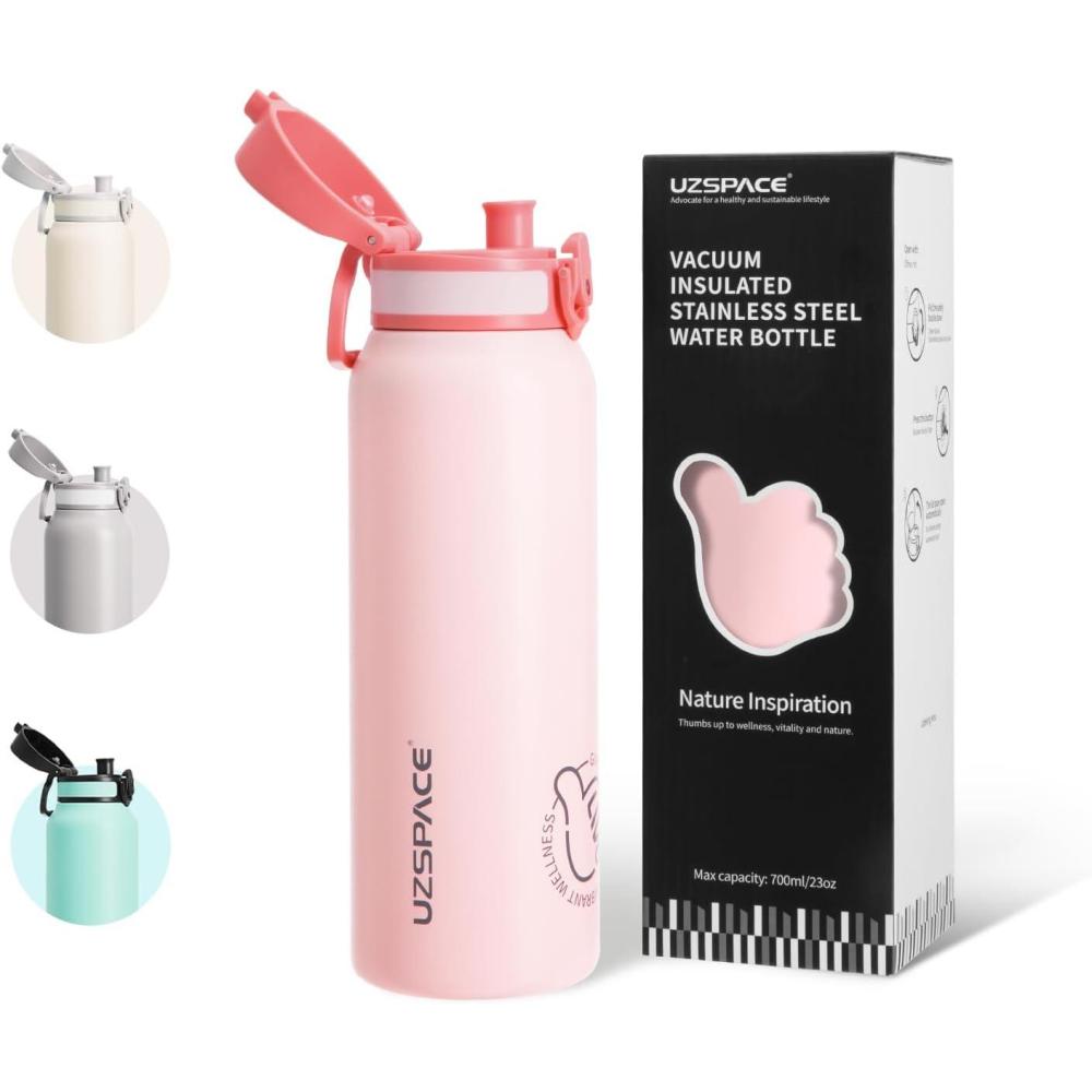 image:imageUZSPACE Gourde Isotherme 1L 970ml en Acier Inoxydable Bouteille Isotherme Double Paroi Motif Artistique Gourde Sport Adulte Idale pour Plein Air Gris SilexQuartz Rose