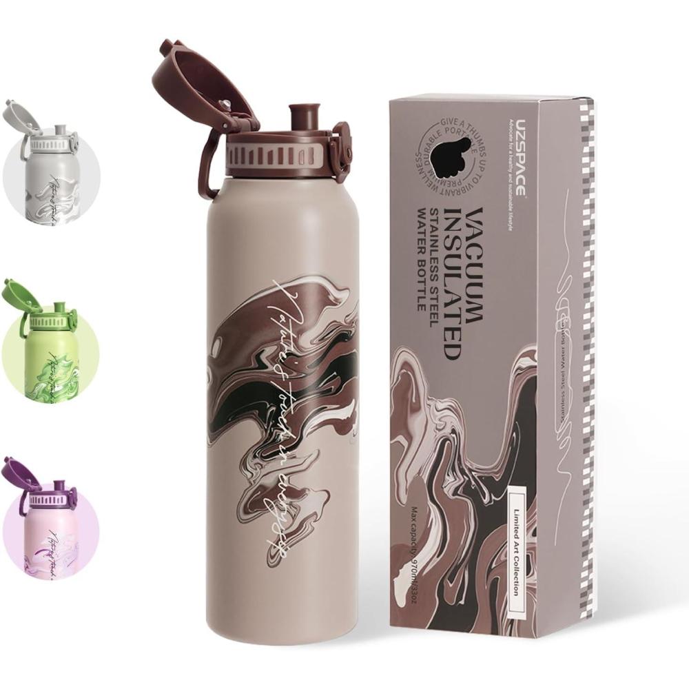 image:imageUZSPACE Gourde Isotherme 1L 970ml en Acier Inoxydable Bouteille Isotherme Double Paroi Motif Artistique Gourde Sport Adulte Idale pour Plein Air Gris SilexImprim Artistique Chne Brun