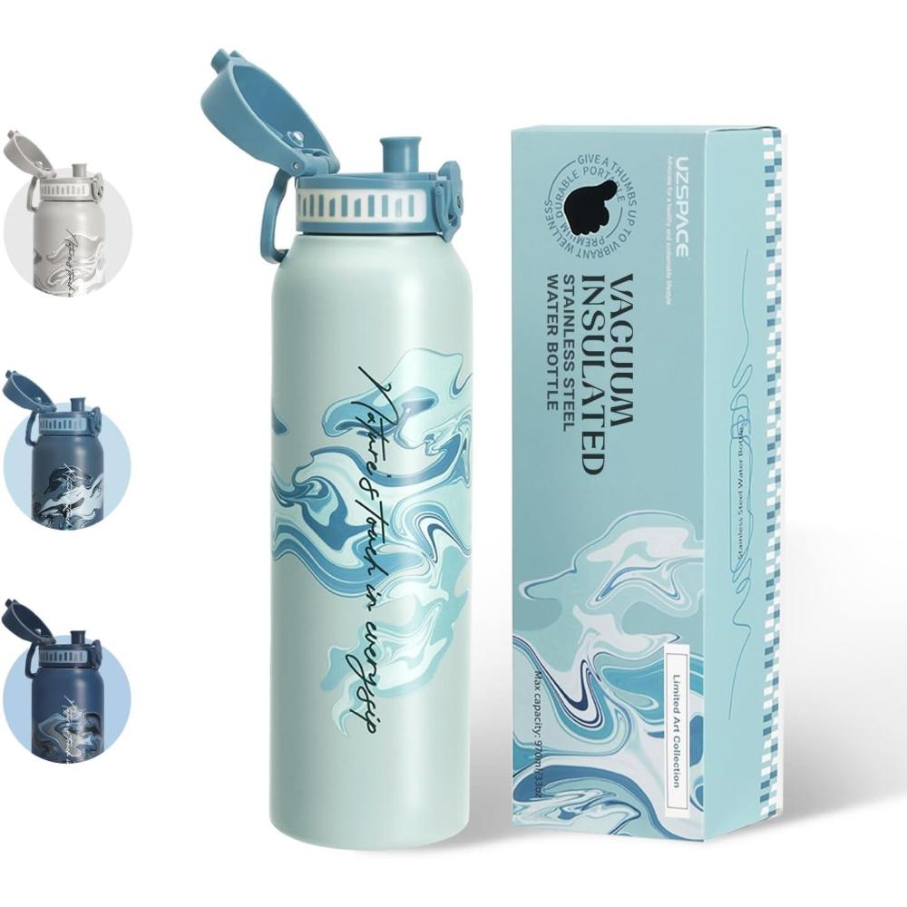 image:imageUZSPACE Gourde Isotherme 1L 970ml en Acier Inoxydable Bouteille Isotherme Double Paroi Motif Artistique Gourde Sport Adulte Idale pour Plein Air Gris SilexImprim Artistique Bleu Brumeux