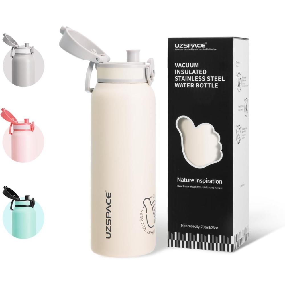 image:imageUZSPACE Gourde Isotherme 1L 970ml en Acier Inoxydable Bouteille Isotherme Double Paroi Motif Artistique Gourde Sport Adulte Idale pour Plein Air Gris SilexBlanc Givr