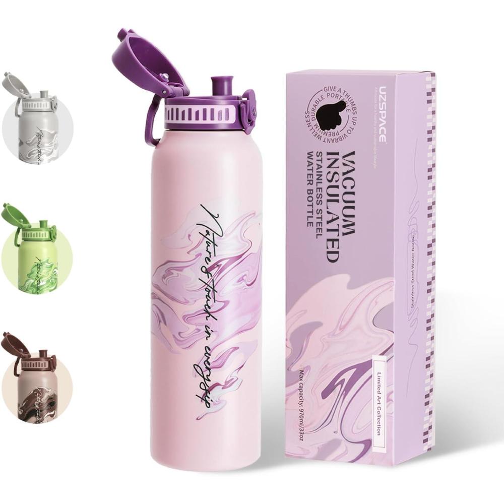 image:imageUZSPACE Gourde Isotherme 1L 970ml en Acier Inoxydable Bouteille Isotherme Double Paroi Motif Artistique Gourde Sport Adulte Idale pour Plein Air Gris SilexImprim Artistique Violet