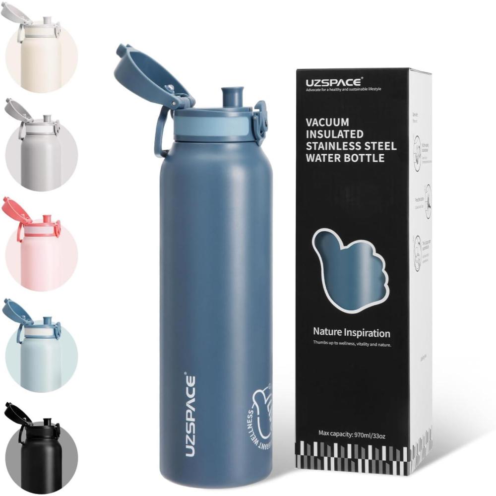 image:imageUZSPACE Gourde Isotherme 1L 970ml en Acier Inoxydable Bouteille Isotherme Double Paroi Motif Artistique Gourde Sport Adulte Idale pour Plein Air Gris SilexBleu Ardoise