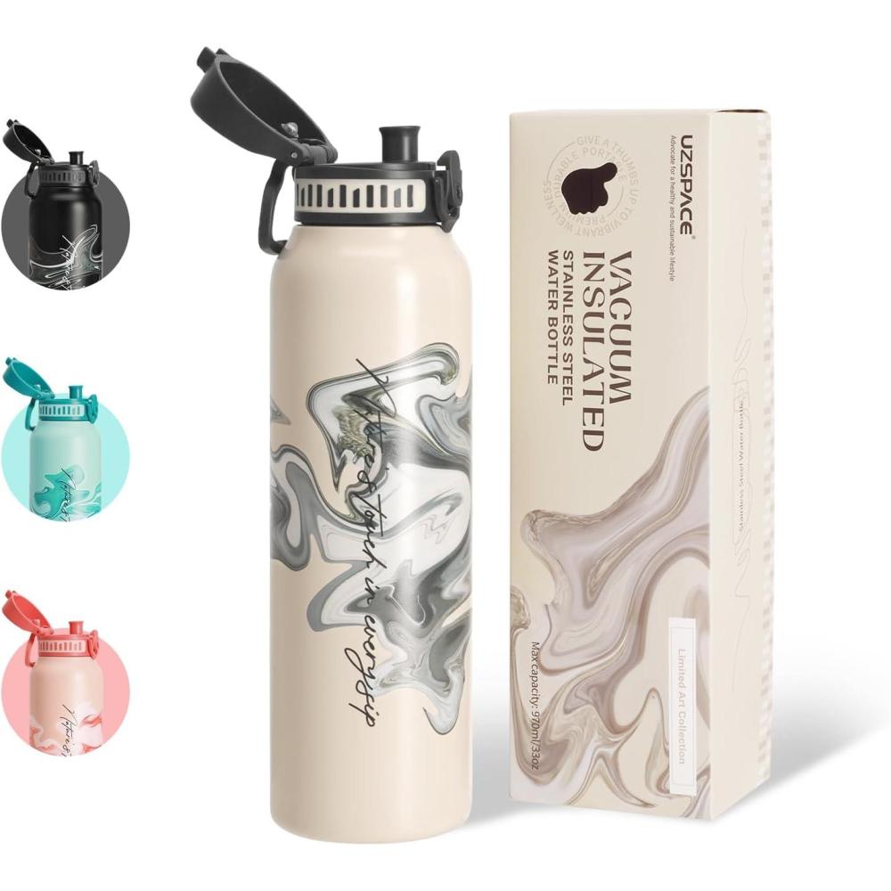 image:imageUZSPACE Gourde Isotherme 1L 970ml en Acier Inoxydable Bouteille Isotherme Double Paroi Motif Artistique Gourde Sport Adulte Idale pour Plein Air Gris SilexImpression Artistique Ivoire