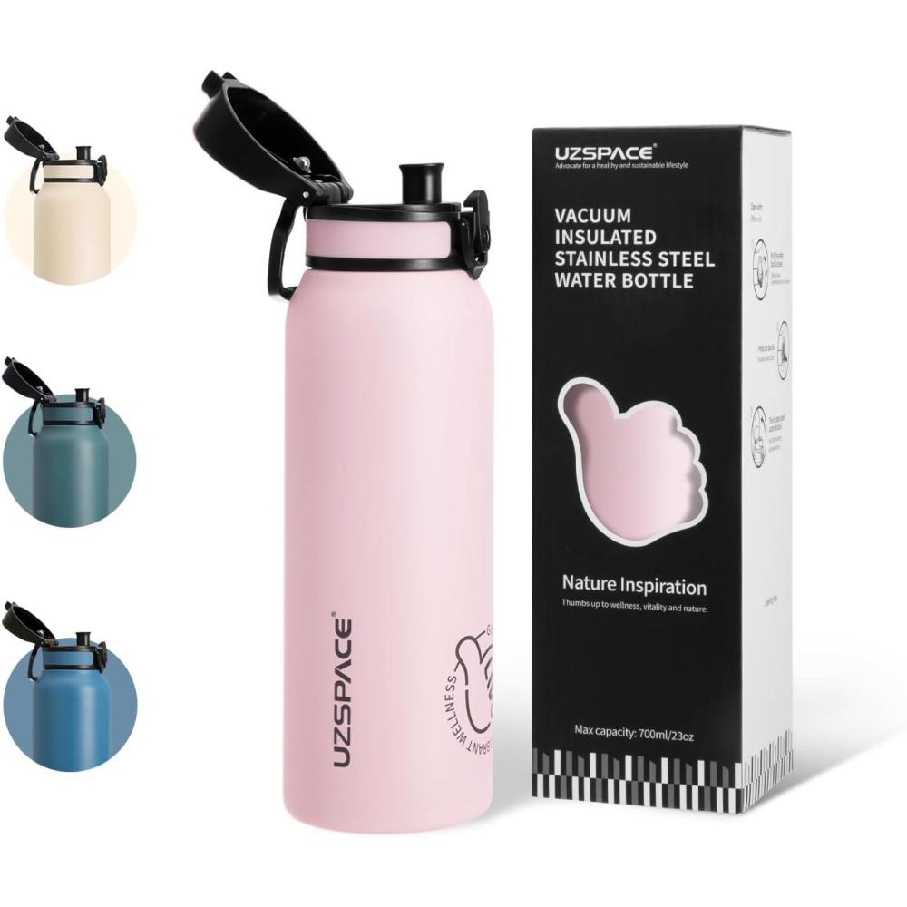 image:imageUZSPACE Gourde Isotherme 1L 970ml en Acier Inoxydable Bouteille Isotherme Double Paroi Motif Artistique Gourde Sport Adulte Idale pour Plein Air Gris SilexRose Fleuri