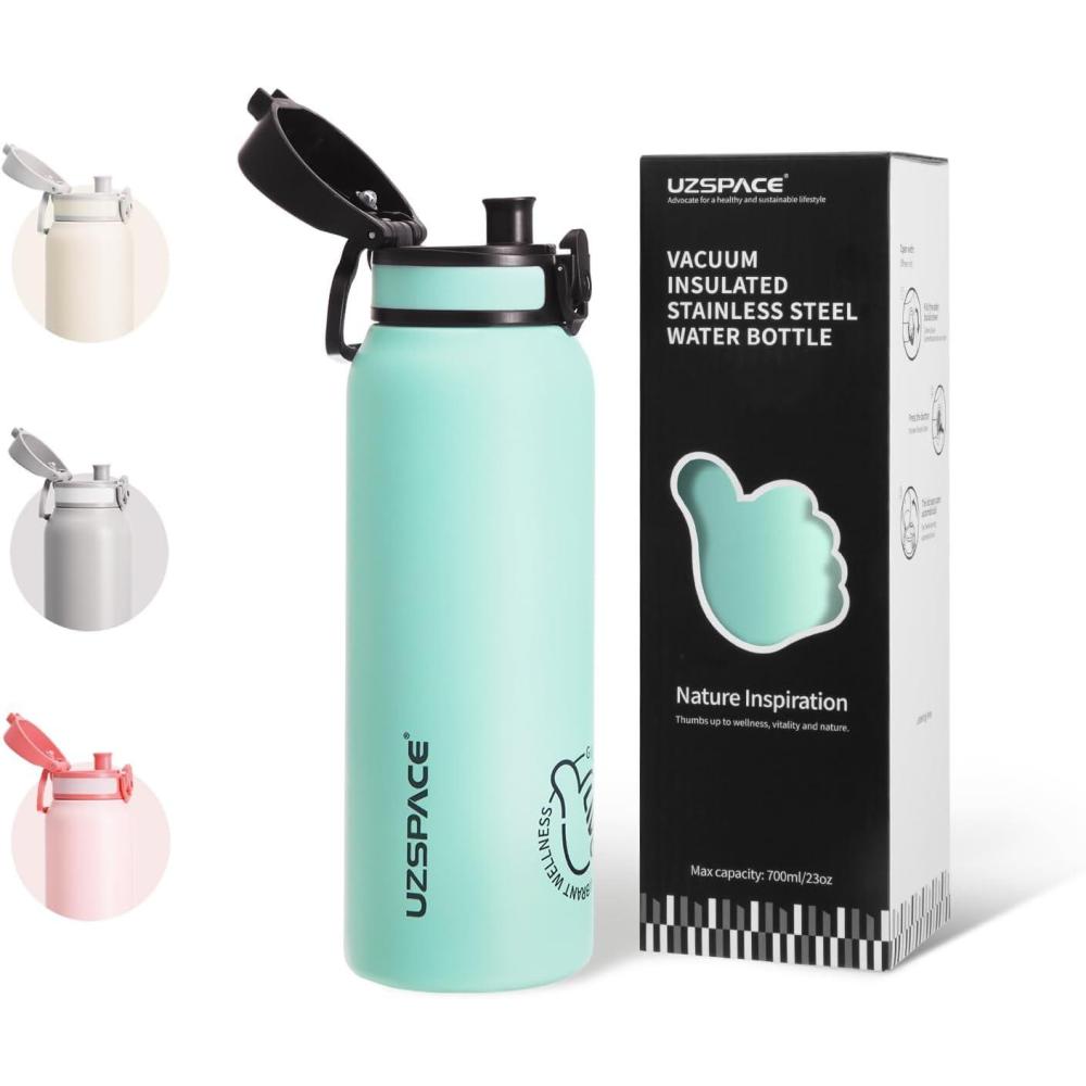 image:imageUZSPACE Gourde Isotherme 1L 970ml en Acier Inoxydable  Bouteille Isotherme Double Paroi  Motif Artistique  Gourde Sport Adulte  Idale pour Plein Air Gris SilexVert Menthe