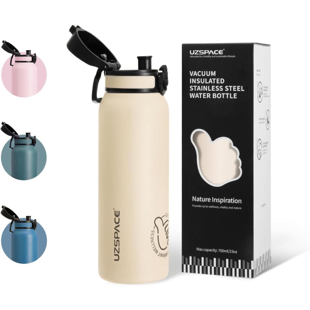 image:imageUZSPACE Gourde Isotherme 1L 970ml en Acier Inoxydable Bouteille Isotherme Double Paroi Motif Artistique Gourde Sport Adulte Idale pour Plein Air Gris SilexBlanc Crme