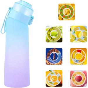 Gourde Sport,650ml Étanches Gourde Paille,Équipé de avec dosettes en 7 saveurs et brosse de nettoyage,Pods parfumés pour eau aromatique 0 sucre,pour gym,randonné (Bleu mat)(Bleu Dégradé)