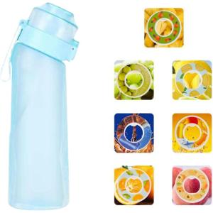 Gourde Sport,650ml Étanches Gourde Paille,Équipé de avec dosettes en 7 saveurs et brosse de nettoyage,Pods parfumés pour eau aromatique 0 sucre,pour gym,randonné (Bleu mat)(Bleu Mat)