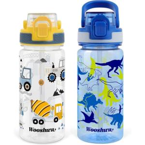 Gourde avec Paille 480ml, Anti Fuite Portable Bouteille D&rsquo;eau Sans BPA & Verrouillage Sécurisé pour Sport – Dinosaure & Licorne(Excavatrice & Dinosaure)