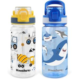 Gourde avec Paille 480ml, Anti Fuite Portable Bouteille D&rsquo;eau Sans BPA & Verrouillage Sécurisé pour Sport – Dinosaure & Licorne(Excavatrice & Requin)