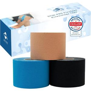 Set de 2 bandes de kinésiologie pour strap couleur bleu axion| Ruban adhésif résistant à l&rsquo;eau | Optimal pour le sport | 2 rouleaux de 5 m(3 Pièces – Bleu  Noir  Beige)