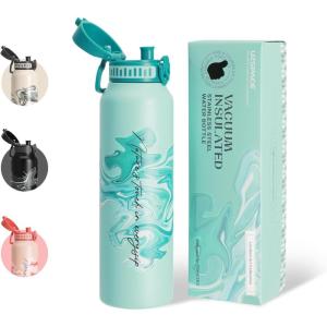 UZSPACE Gourde Isotherme 1L (970ml) en Acier Inoxydable – Bouteille Isotherme Double Paroi à Motif Artistique – Gourde Sport Adulte – Idéale pour Plein Air, Gris Silex(Imprimé Artistique Turquoise)