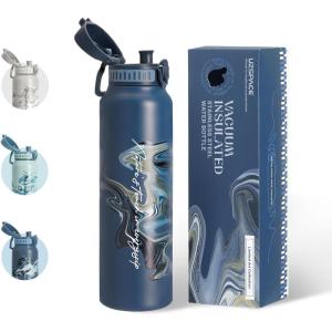 UZSPACE Gourde Isotherme 1L (970ml) en Acier Inoxydable – Bouteille Isotherme Double Paroi à Motif Artistique – Gourde Sport Adulte – Idéale pour Plein Air, Gris Silex(Imprimé Artistique Bleue)
