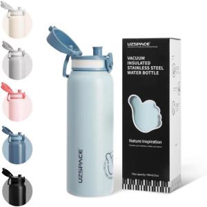 UZSPACE Gourde Isotherme 1L (970ml) en Acier Inoxydable – Bouteille Isotherme Double Paroi à Motif Artistique – Gourde Sport Adulte – Idéale pour Plein Air, Gris Silex(Bleu Brumeux)