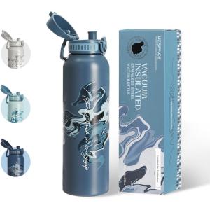 UZSPACE Gourde Isotherme 1L (970ml) en Acier Inoxydable – Bouteille Isotherme Double Paroi à Motif Artistique – Gourde Sport Adulte – Idéale pour Plein Air, Gris Silex(Imprimé Artistique Bleu Ardoise)