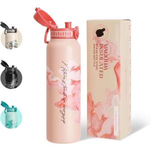 UZSPACE Gourde Isotherme 1L (970ml) en Acier Inoxydable – Bouteille Isotherme Double Paroi à Motif Artistique – Gourde Sport Adulte – Idéale pour Plein Air, Gris Silex(Impression Artistique Blush)
