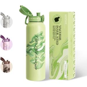 UZSPACE Gourde Isotherme 1L (970ml) en Acier Inoxydable – Bouteille Isotherme Double Paroi à Motif Artistique – Gourde Sport Adulte – Idéale pour Plein Air, Gris Silex(Imprimé Artistique Citron Vert)