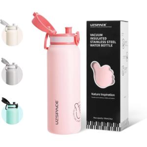 UZSPACE Gourde Isotherme 1L (970ml) en Acier Inoxydable – Bouteille Isotherme Double Paroi à Motif Artistique – Gourde Sport Adulte – Idéale pour Plein Air, Gris Silex(Quartz Rose)