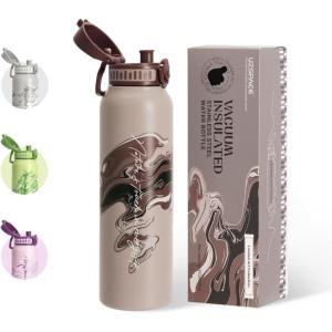 UZSPACE Gourde Isotherme 1L (970ml) en Acier Inoxydable – Bouteille Isotherme Double Paroi à Motif Artistique – Gourde Sport Adulte – Idéale pour Plein Air, Gris Silex(Imprimé Artistique Chêne Brun)