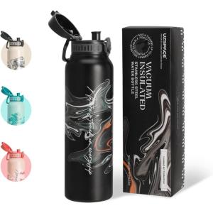 UZSPACE Gourde Isotherme 1L (970ml) en Acier Inoxydable – Bouteille Isotherme Double Paroi à Motif Artistique – Gourde Sport Adulte – Idéale pour Plein Air, Gris Silex(Impression Artistique Noire)