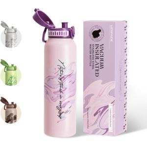 UZSPACE Gourde Isotherme 1L (970ml) en Acier Inoxydable – Bouteille Isotherme Double Paroi à Motif Artistique – Gourde Sport Adulte – Idéale pour Plein Air, Gris Silex(Imprimé Artistique Violet)