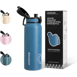 UZSPACE Gourde Isotherme 1L (970ml) en Acier Inoxydable – Bouteille Isotherme Double Paroi à Motif Artistique – Gourde Sport Adulte – Idéale pour Plein Air, Gris Silex(Bleu Océan)