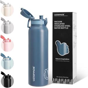 UZSPACE Gourde Isotherme 1L (970ml) en Acier Inoxydable – Bouteille Isotherme Double Paroi à Motif Artistique – Gourde Sport Adulte – Idéale pour Plein Air, Gris Silex(Bleu Ardoise)