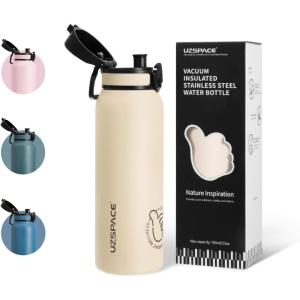 UZSPACE Gourde Isotherme 1L (970ml) en Acier Inoxydable – Bouteille Isotherme Double Paroi à Motif Artistique – Gourde Sport Adulte – Idéale pour Plein Air, Gris Silex(Blanc Crème)