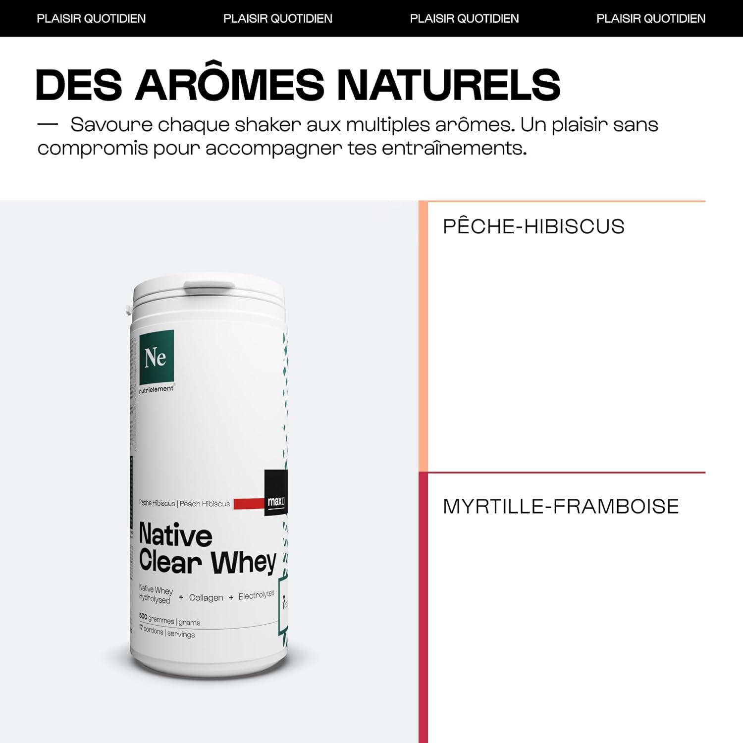 image:imageClear whey 100 Native 500 gr Pche Hibiscus Exculsivit mondiale Whey Hydrolyse Native Collagne bovin Peptan lectrolytes Sport et Sant Nutrielement By NutrimusclePche Hibiscus