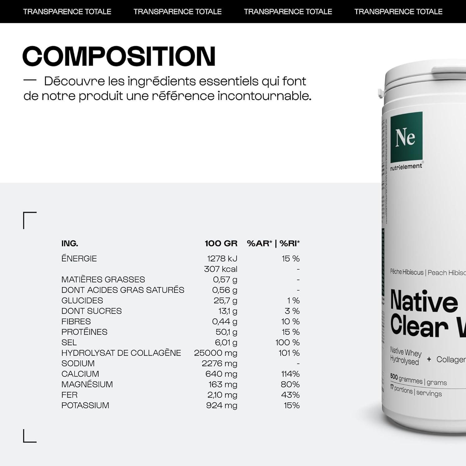 image:imageClear whey 100 Native 500 gr Pche Hibiscus Exculsivit mondiale Whey Hydrolyse Native Collagne bovin Peptan lectrolytes Sport et Sant Nutrielement By NutrimuscleMyrtille Framboise