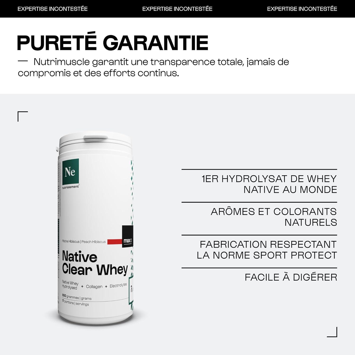 image:imageClear whey 100 Native 500 gr Pche Hibiscus Exculsivit mondiale Whey Hydrolyse Native Collagne bovin Peptan lectrolytes Sport et Sant Nutrielement By NutrimuscleMyrtille Framboise