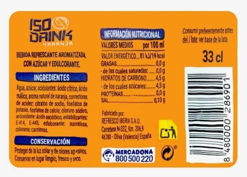 image:imageHacendado Iso Drink Boisson Isotonique Saveur Orange Lot de 9 Canettes de 330 ml Total 297L nergie et Rcupration Sportive