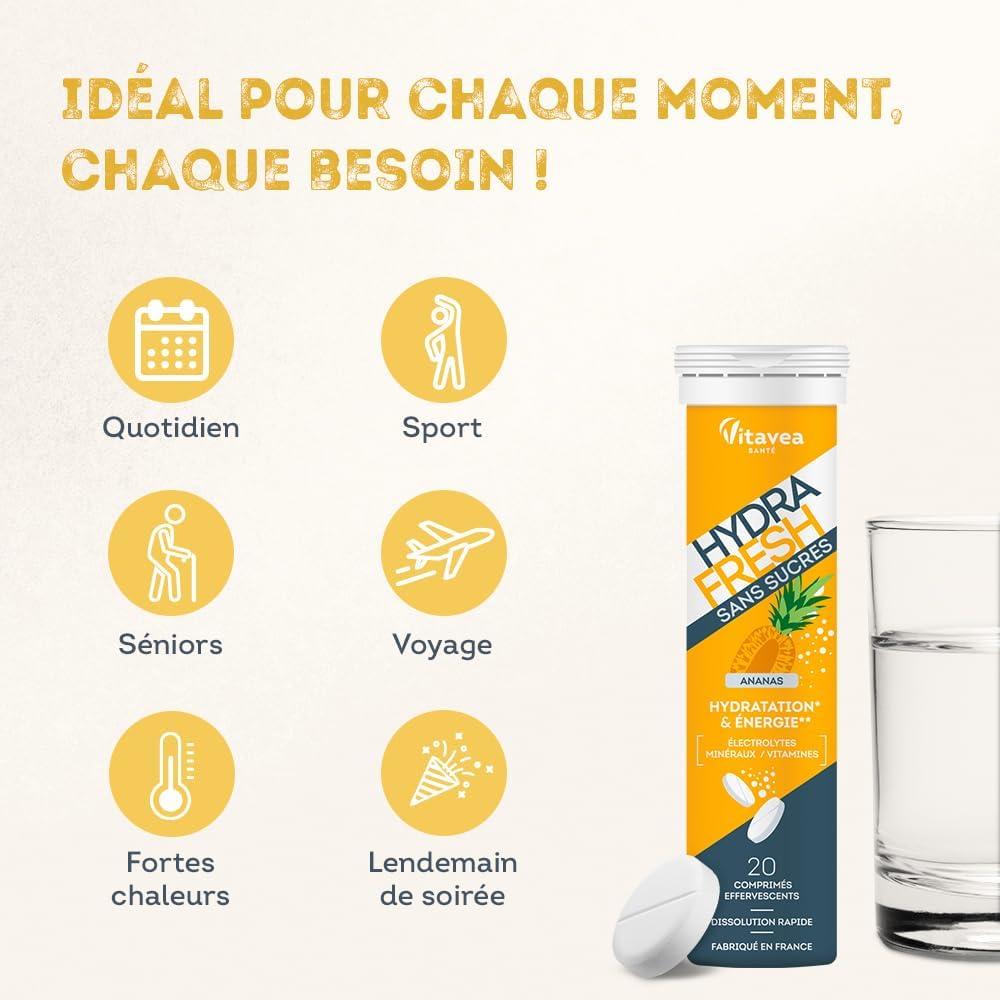 image:imageHydraFresh 4 saveurs Pastilles hydratation Effervescentes Magnsium lectrolytes Calcium Vitamines C et B Complment alimentaire nergie saveur Cerise Pche Ananas Citron Sans sucresCerise Pche Ananas et Citron