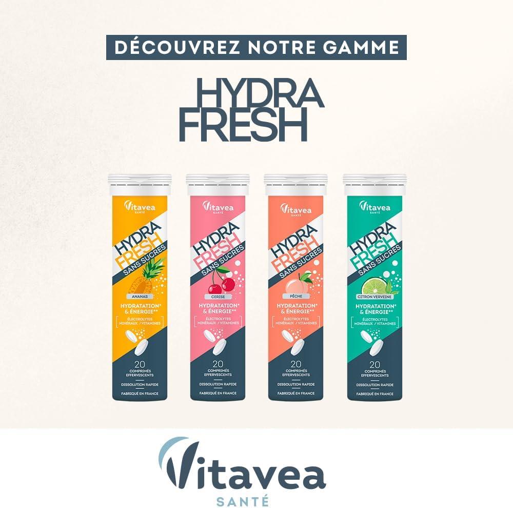 image:imageHydraFresh 4 saveurs Pastilles hydratation Effervescentes Magnsium lectrolytes Calcium Vitamines C et B Complment alimentaire nergie saveur Cerise Pche Ananas Citron Sans sucresCerise Pche Ananas et Citron