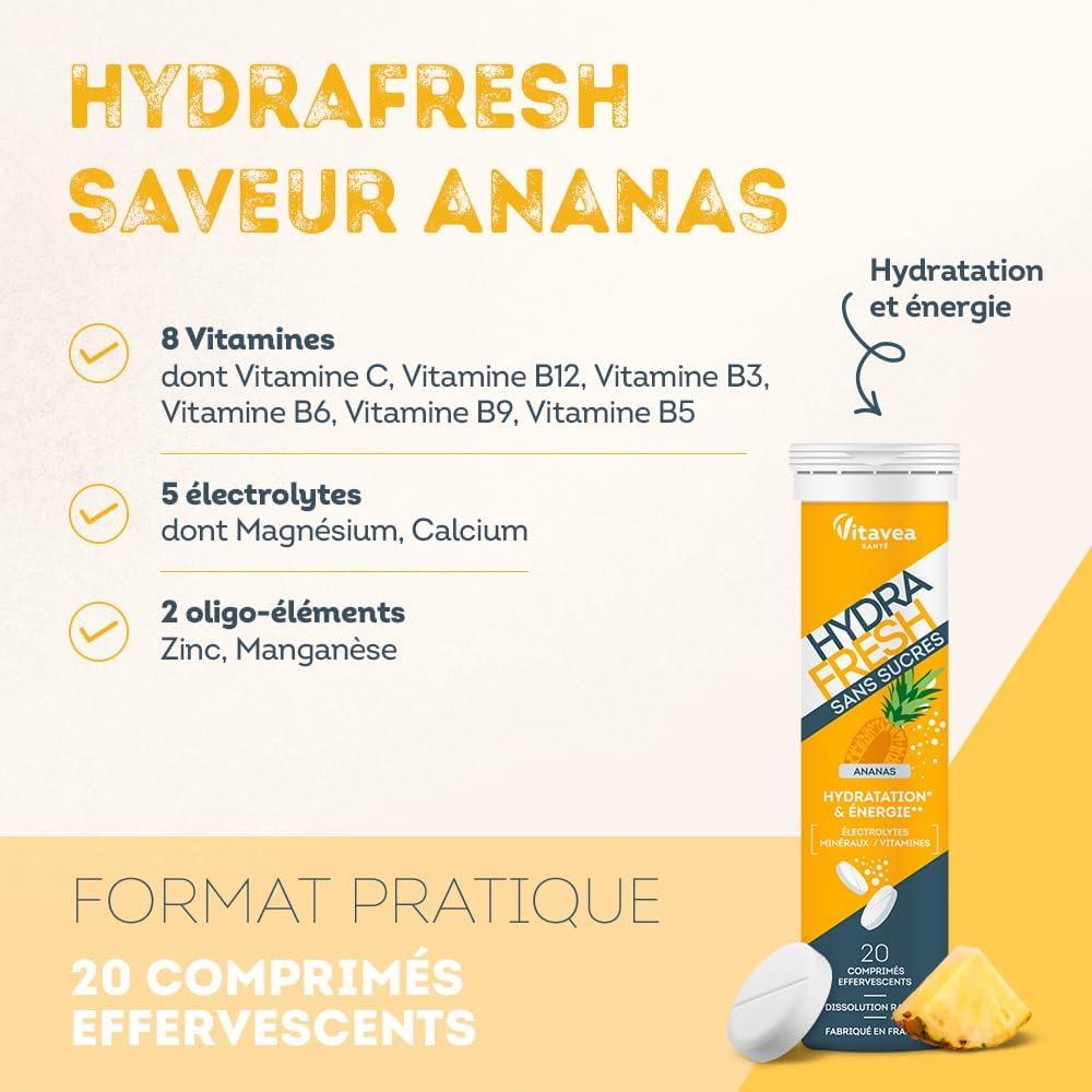 image:imageHydraFresh 4 saveurs Pastilles hydratation Effervescentes Magnsium lectrolytes Calcium Vitamines C et B Complment alimentaire nergie saveur Cerise Pche Ananas Citron Sans sucresCerise Pche Ananas et Citron