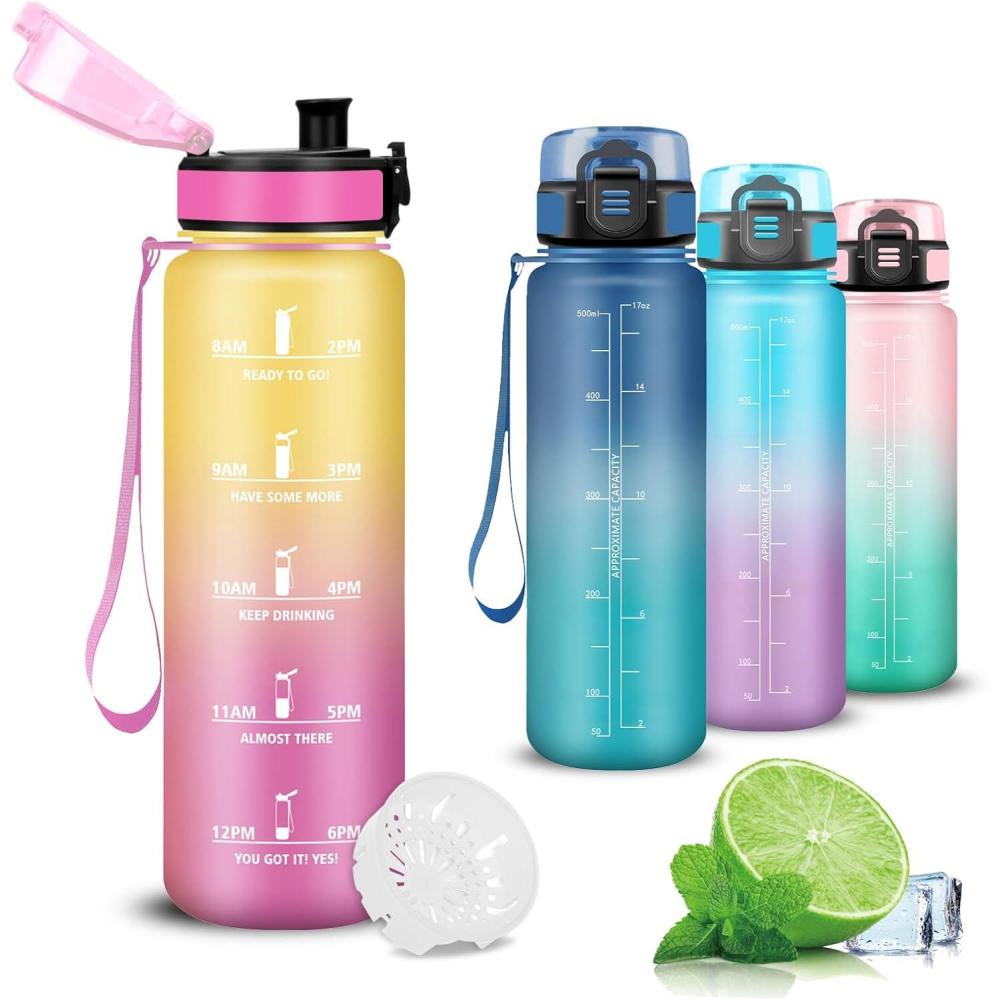 image:imageGourde 1l Gourde Sport AntiFuite Gourdes Gradue Gourdes Adulte avec Slogan de Motivation Facile Transporter Bouteille deau pour Voyage Camping Randonne YogaJaunerose