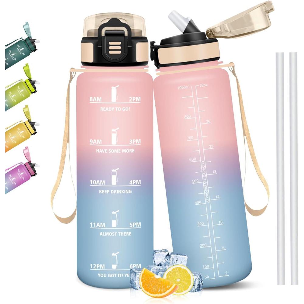image:imageGourde 1l tanches Gourde Avec Paille Sans BPA amp Rutilisable Motivation Bouteille deau Avec Marqueur de Temps Bouteille Sport pour Gym Ecole Cyclisme Plein air SportRose Ciel 1000ml