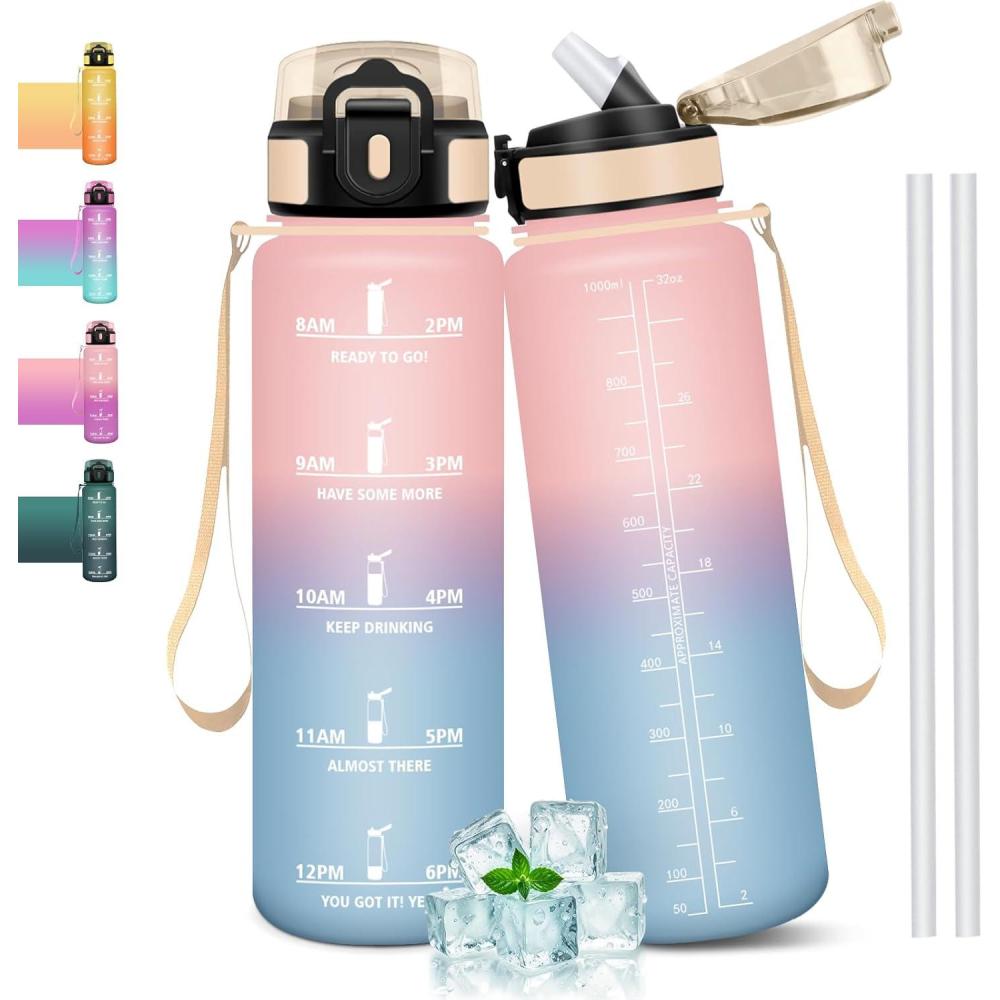 image:imageGourde 1l tanches Gourde Paille sans BPA amp Rutilisable Bouteille Motivation Bouteille deau Avec Marqueur de Temps Gourde Sport pour Gym Ecole Cyclisme Plein air SportRosebleu Ciel 1000 Ml