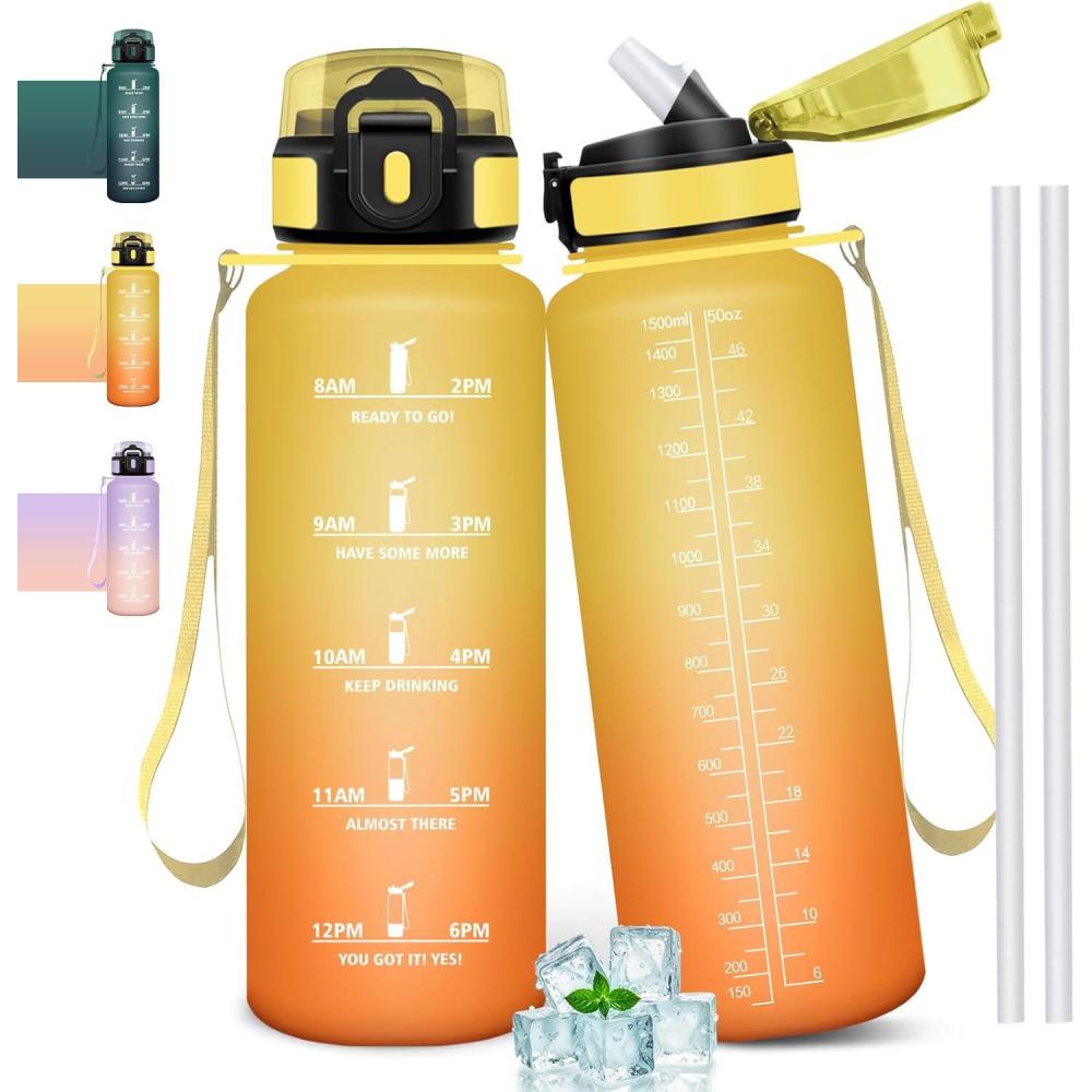 image:imageGourde 1l tanches Gourde Paille sans BPA amp Rutilisable Bouteille Motivation Bouteille deau Avec Marqueur de Temps Gourde Sport pour Gym Ecole Cyclisme Plein air SportAmbreorange 1500 Ml