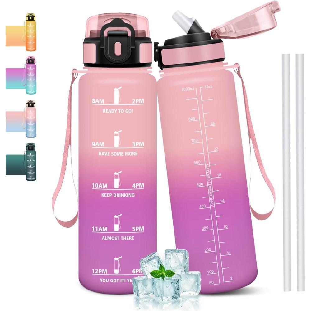 image:imageGourde 1l tanches Gourde Paille sans BPA amp Rutilisable Bouteille Motivation Bouteille deau Avec Marqueur de Temps Gourde Sport pour Gym Ecole Cyclisme Plein air SportRose 1000 Ml