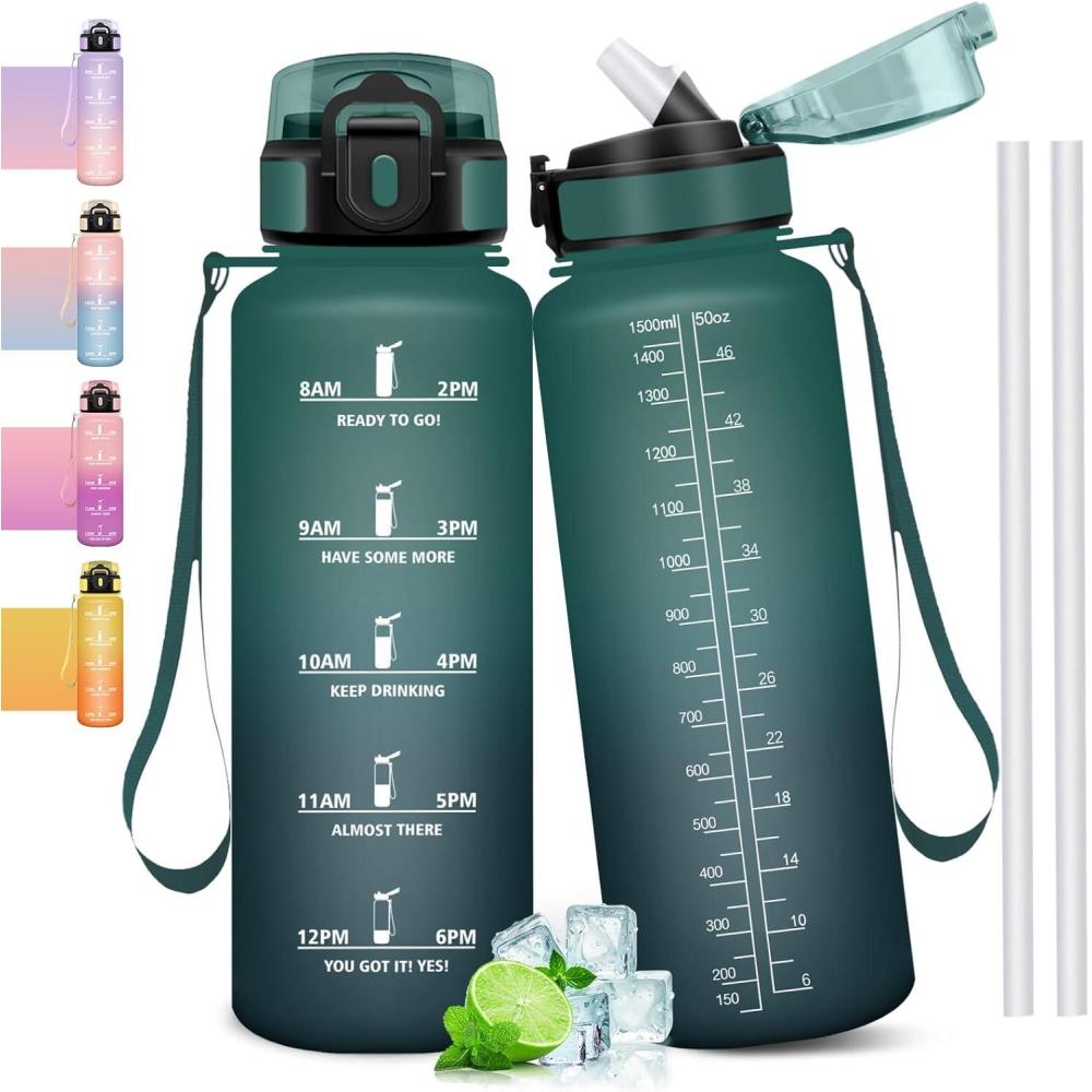 image:imageGourde 1l tanches Gourde Paille sans BPA amp Rutilisable Bouteille Motivation Bouteille deau Avec Marqueur de Temps Gourde Sport pour Gym Ecole Cyclisme Plein air SportVertgris 1500 Ml