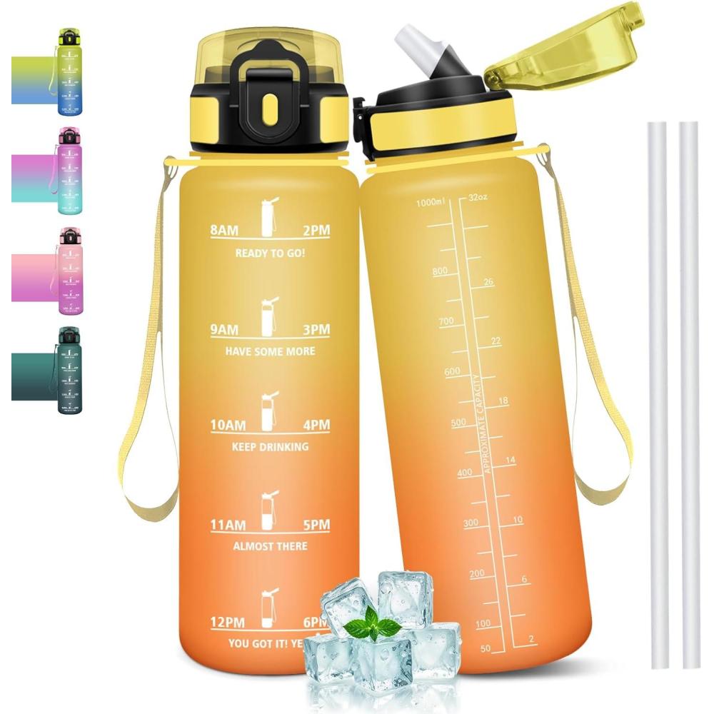 image:imageGourde 1l tanches Gourde Paille sans BPA amp Rutilisable Bouteille Motivation Bouteille deau Avec Marqueur de Temps Gourde Sport pour Gym Ecole Cyclisme Plein air SportAmbreorange 1000 Ml
