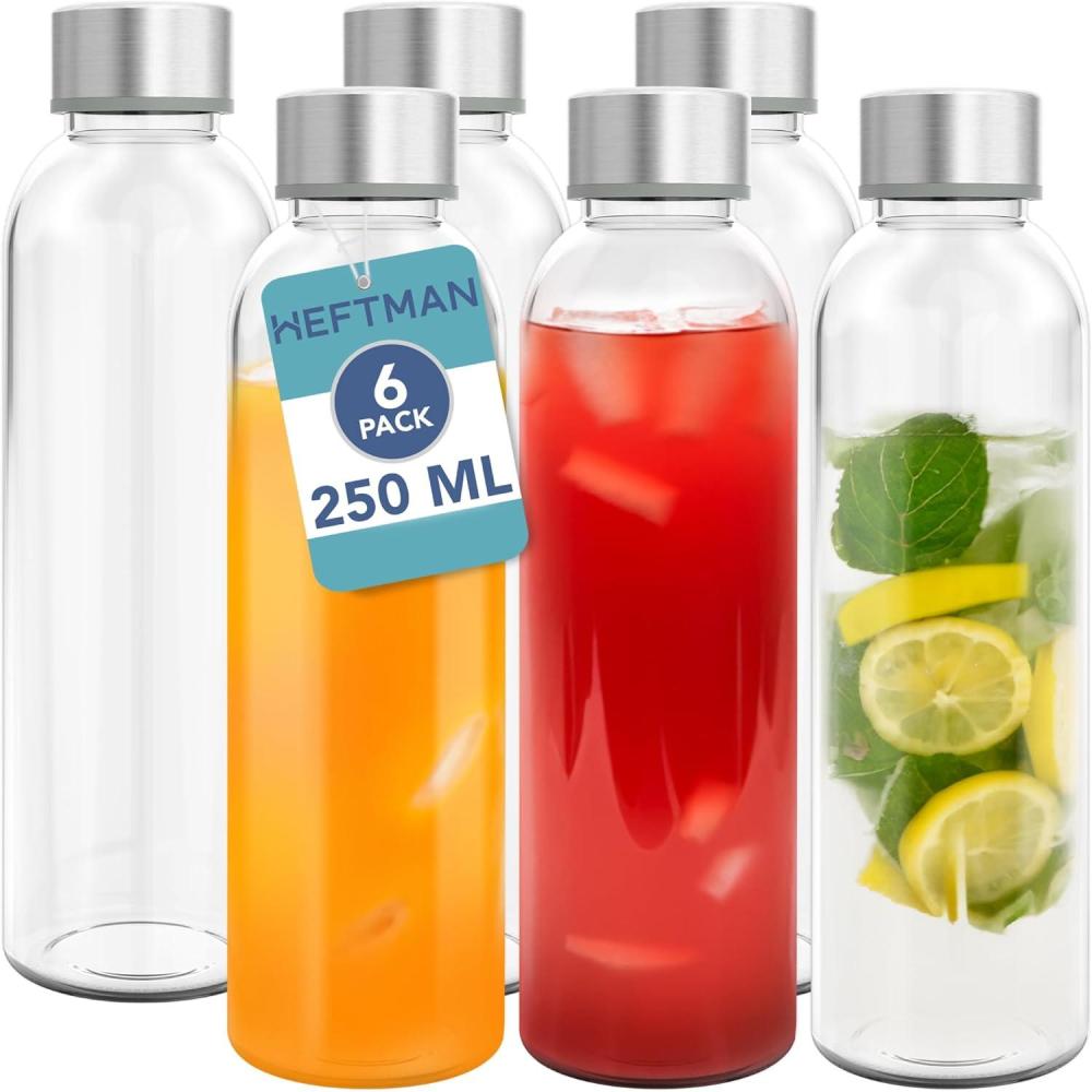 image:imageLot de 6 bouteilles en verre hermtiques avec couvercles en acier inoxydable  Bouteilles deau smoothies jus de fruits pour le travail et la salle de sport