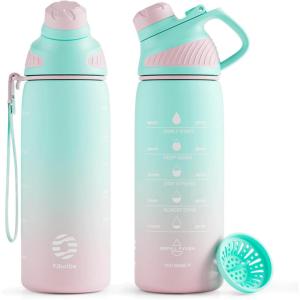 Fjbottle Bouteille d&rsquo;eau 1L avec Couvercle Magnétique, Grande Gourde d&rsquo;eau sans BPA, Bouteille de Boisson Étanche pour Gym, Demi-Gallon Bouteille d&rsquo;eau pour Fitness, Sports, Extérieur(Vert&rose)